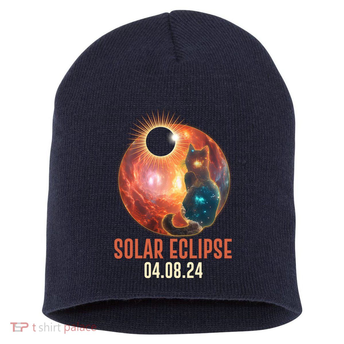 Total Solar Eclipse Galaxy Space Cat Short Acrylic Beanie