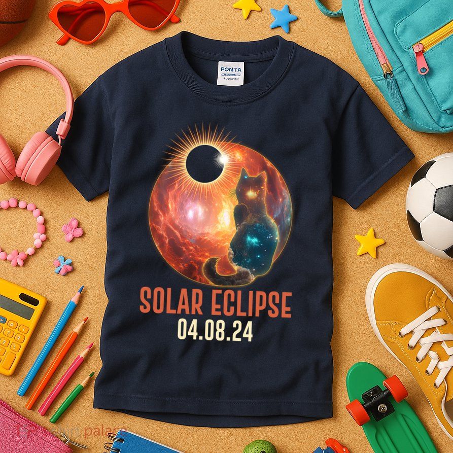 Total Solar Eclipse Galaxy Space Cat Kids T-Shirt