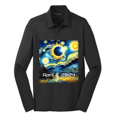 Total Solar Eclipse 2024 Starry Night Painting Van Gogh Silk Touch Performance Long Sleeve Polo