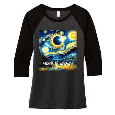 Total Solar Eclipse 2024 Starry Night Painting Van Gogh Women's Tri-Blend 3/4-Sleeve Raglan Shirt