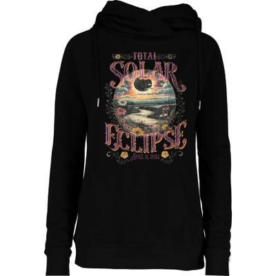 Total Solar Eclipse April 8 2024 Vintage Flowers Astrology Womens Funnel Neck Pullover Hood