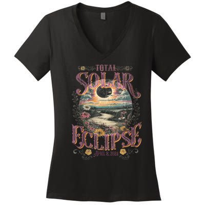 Total Solar Eclipse April 8 2024 Vintage Flowers Astrology Women's V-Neck T-Shirt