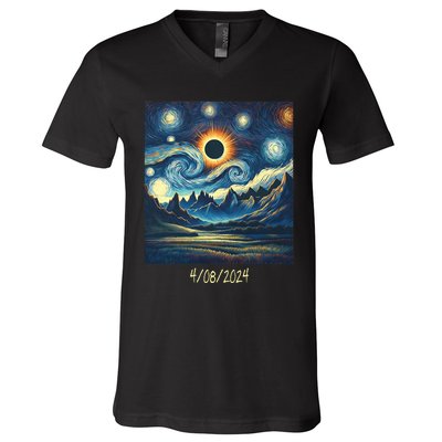 Total Solar Eclipse Van 2024 Gogh April 8 Night Starry 2024 V-Neck T-Shirt