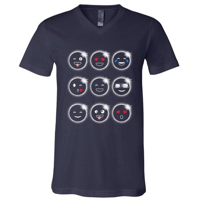 Total Solar Eclipse 04.08.2024 Silly Faces Funny V-Neck T-Shirt