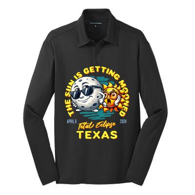 Texas Solar Eclipse Apr 8 2024 Sun Is Getting Mooned Silk Touch Performance Long Sleeve Polo