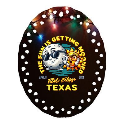 Texas Solar Eclipse Apr 8 2024 Sun Is Getting Mooned Ceramic Oval Ornament