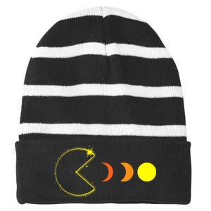 Total Solar Eclipse April 8 2024 Funny Phases Totality Striped Beanie with Solid Band