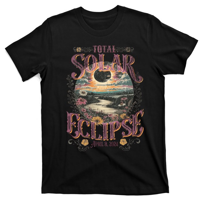 Total Solar Eclipse April 8 2024 Vintage Flowers Astrology T-Shirt