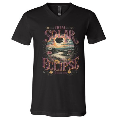 Total Solar Eclipse April 8 2024 Vintage Flowers Astrology V-Neck T-Shirt