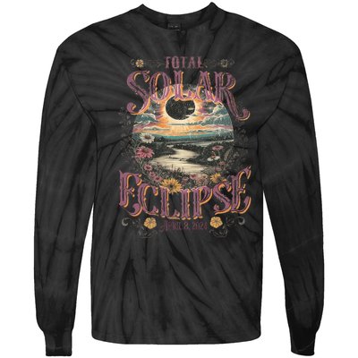 Total Solar Eclipse April 8 2024 Vintage Flowers Astrology Tie-Dye Long Sleeve Shirt