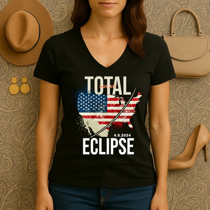 Total Solar Eclipse United States 4.8.2024 Women's V-Neck T-Shirt