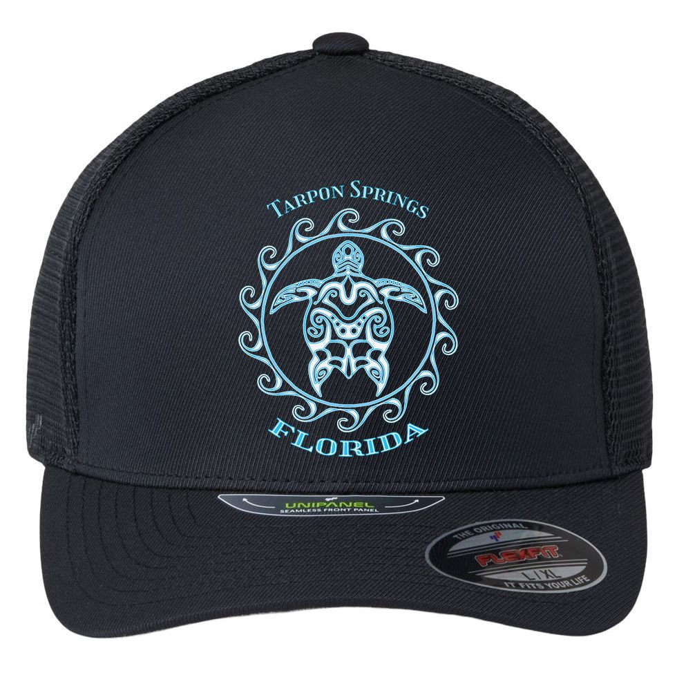 Tarpon Springs Florida Tribal Sea Turtle Summer Flexfit Unipanel Trucker Cap