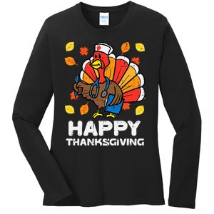 Thanksgiving Scrub for Nurses Turkey ICU ER RN Ladies Long Sleeve Shirt