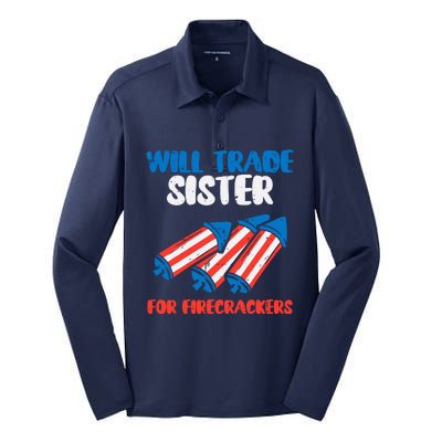 Trade Sister For Firecrackers Funny Boy 4th Of July Silk Touch Performance Long Sleeve Polo