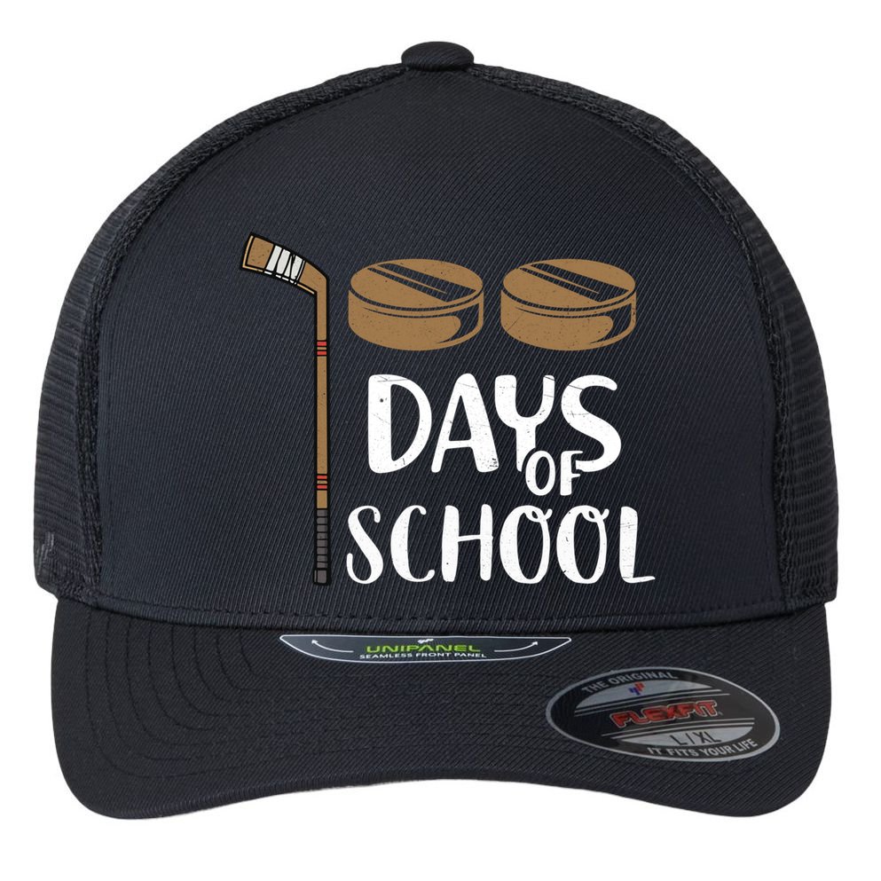 Teachers Students Funny 100th Day Of School Hockey Gift Flexfit Unipanel Trucker Cap