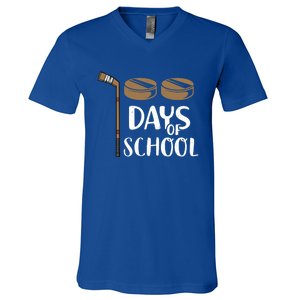 Teachers Students Funny 100th Day Of School Hockey Gift V-Neck T-Shirt