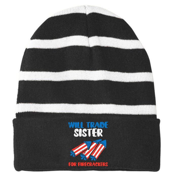 Trade Sister For Firecrackers Funny 4th Of July Striped Beanie with Solid Band