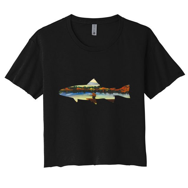 Trout Silhouette Fly Fishing Sunset Lake Crop Top