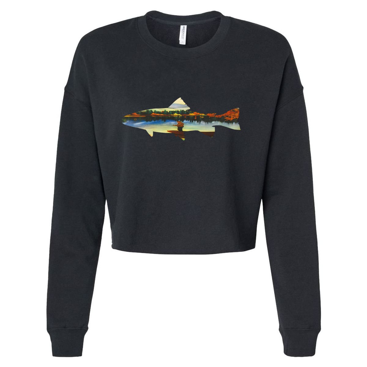 Trout Silhouette Fly Fishing Sunset Lake Cropped Pullover Crew