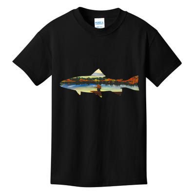 Trout Silhouette Fly Fishing Sunset Lake Kids T-Shirt