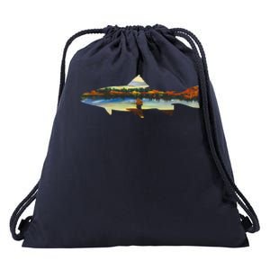 Trout Silhouette Fly Fishing Sunset Lake Drawstring Bag