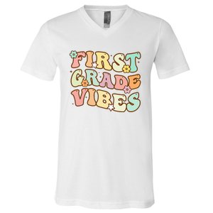 To School First Grade Vibes Retro Teacher Women V-Neck T-Shirt