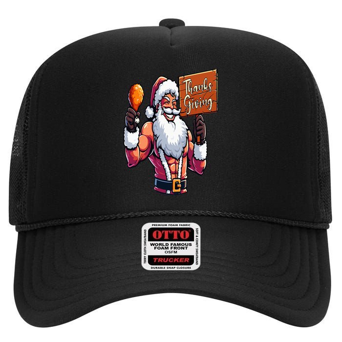 Thanksgiving Santa Funny High Crown Mesh Back Trucker Hat