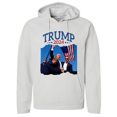 Trump Short Fist Pumped 2024 Pray For Trump NeverS Give Up Performance Fleece Hoodie