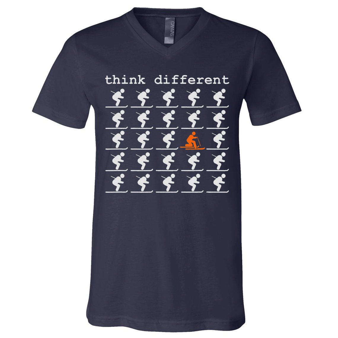 Telemark Skiing Free your Heel Think Different Ski V-Neck T-Shirt
