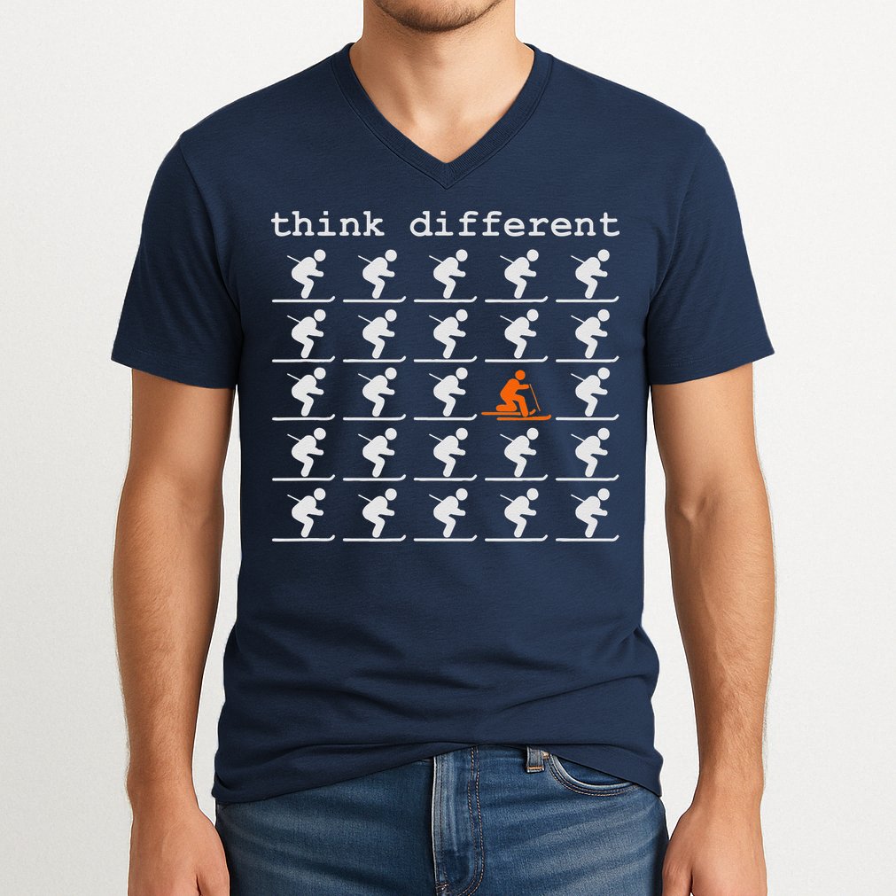 Telemark Skiing Free your Heel Think Different Ski V-Neck T-Shirt