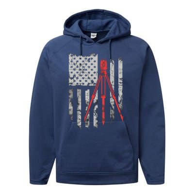 Tripod Survey Flag America 4th July Land Surveyor Performance Fleece Hoodie