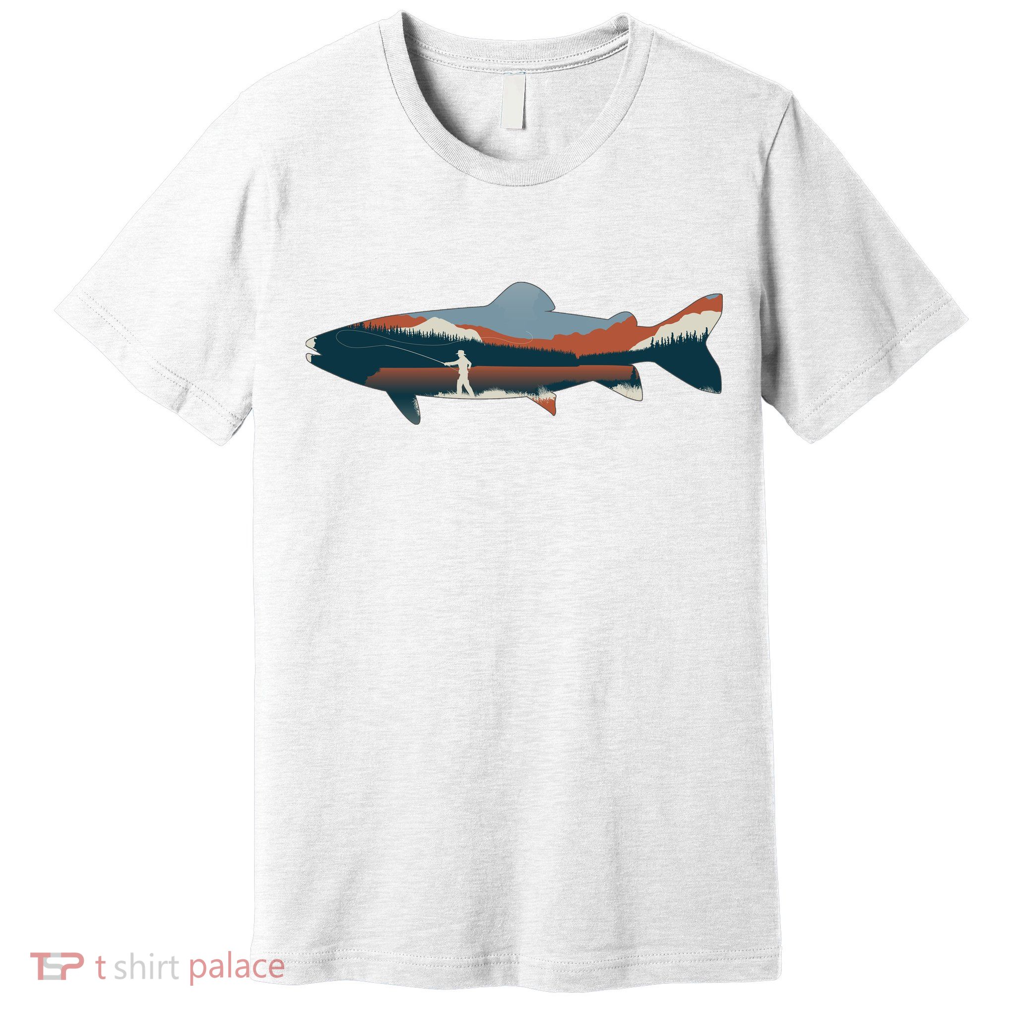 Trout Silhouette Fly Fishing Mountain Sunset Premium T-Shirt