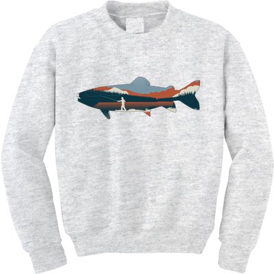 Trout Silhouette Fly Fishing Mountain Sunset Kids Sweatshirt
