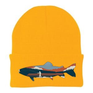 Trout Silhouette Fly Fishing Mountain Sunset Knit Cap Winter Beanie