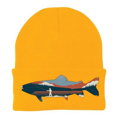 Trout Silhouette Fly Fishing Mountain Sunset Knit Cap Winter Beanie