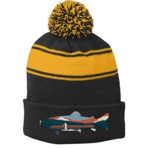 Trout Silhouette Fly Fishing Mountain Sunset Stripe Pom Pom Beanie