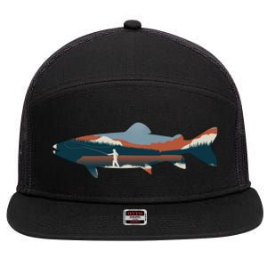 Trout Silhouette Fly Fishing Mountain Sunset 7 Panel Mesh Trucker Snapback Hat