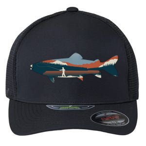 Trout Silhouette Fly Fishing Mountain Sunset Flexfit Unipanel Trucker Cap