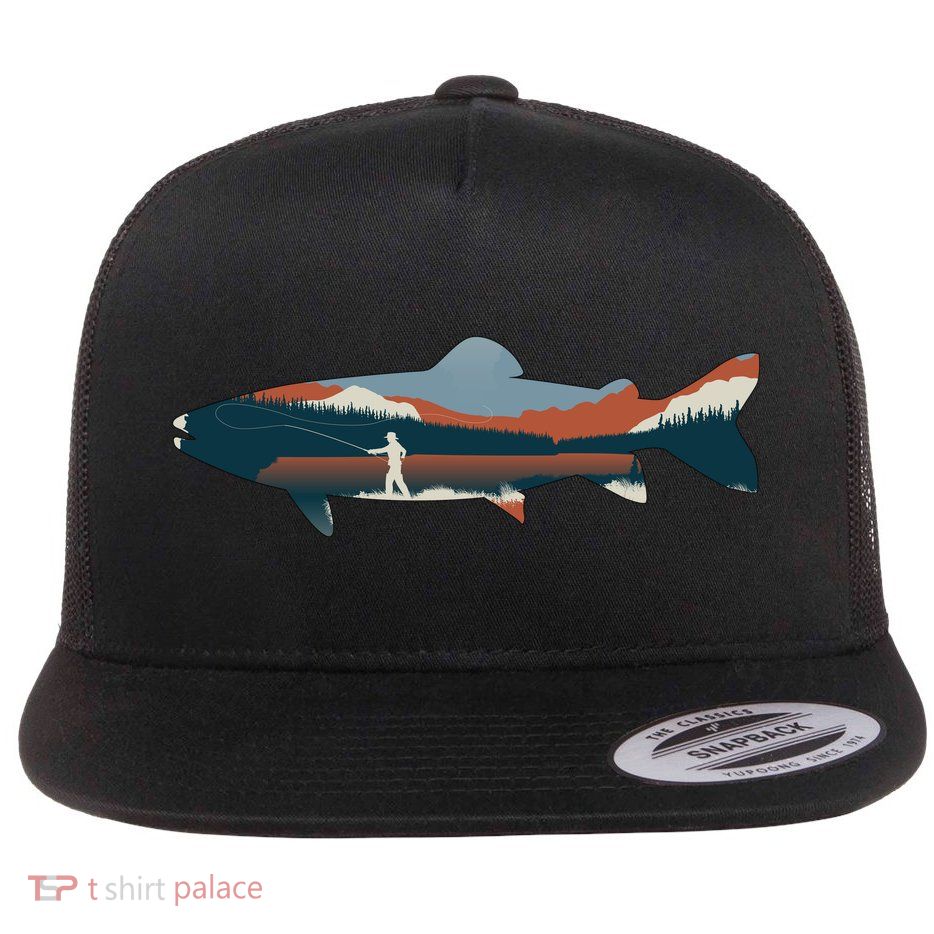 Trout Silhouette Fly Fishing Mountain Sunset Flat Bill Trucker Hat