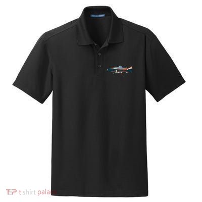 Trout Silhouette Fly Fishing Mountain Sunset Dry Zone Grid Polo