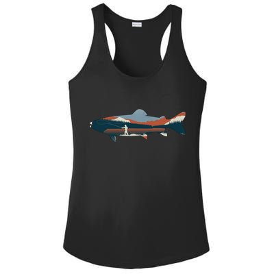 Trout Silhouette Fly Fishing Mountain Sunset Ladies PosiCharge Competitor Racerback Tank
