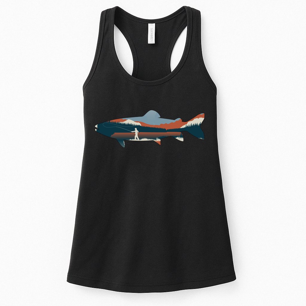 Trout Silhouette Fly Fishing Mountain Sunset Womens Tank Top