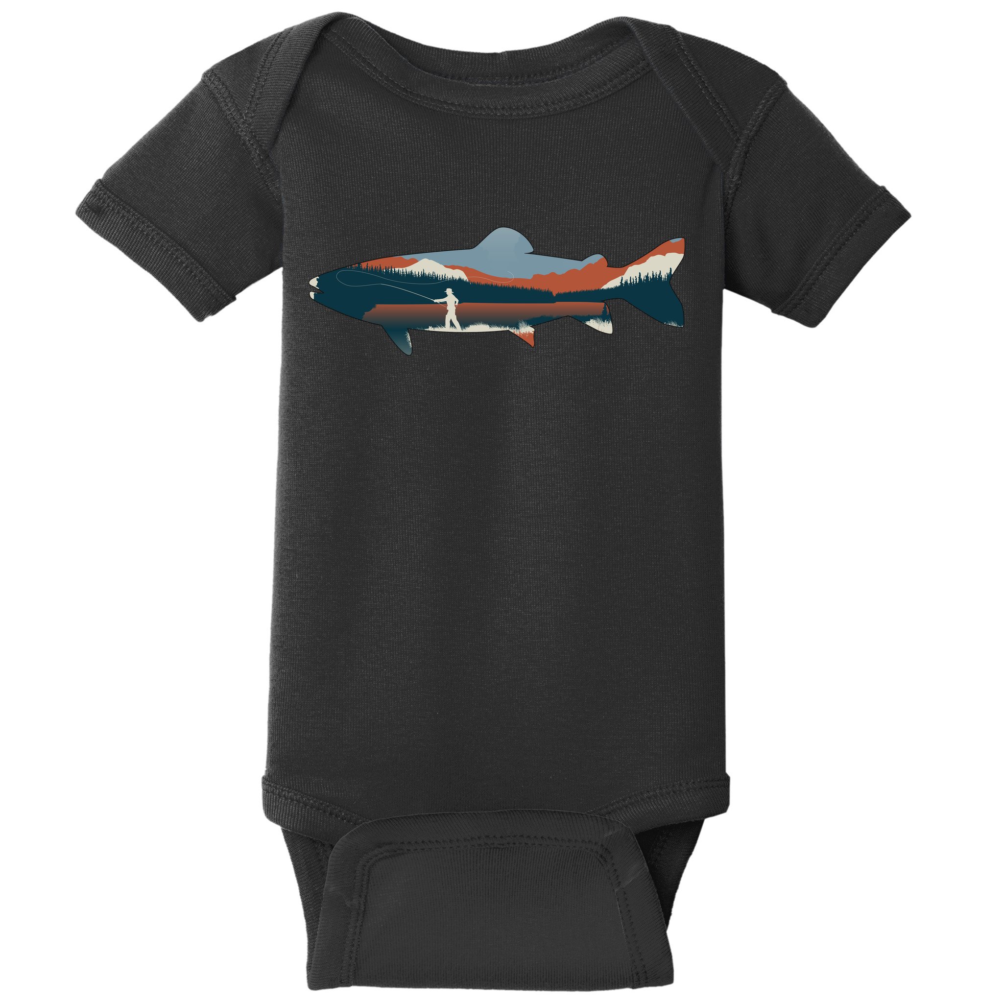 Trout Silhouette Fly Fishing Mountain Sunset Baby Bodysuit