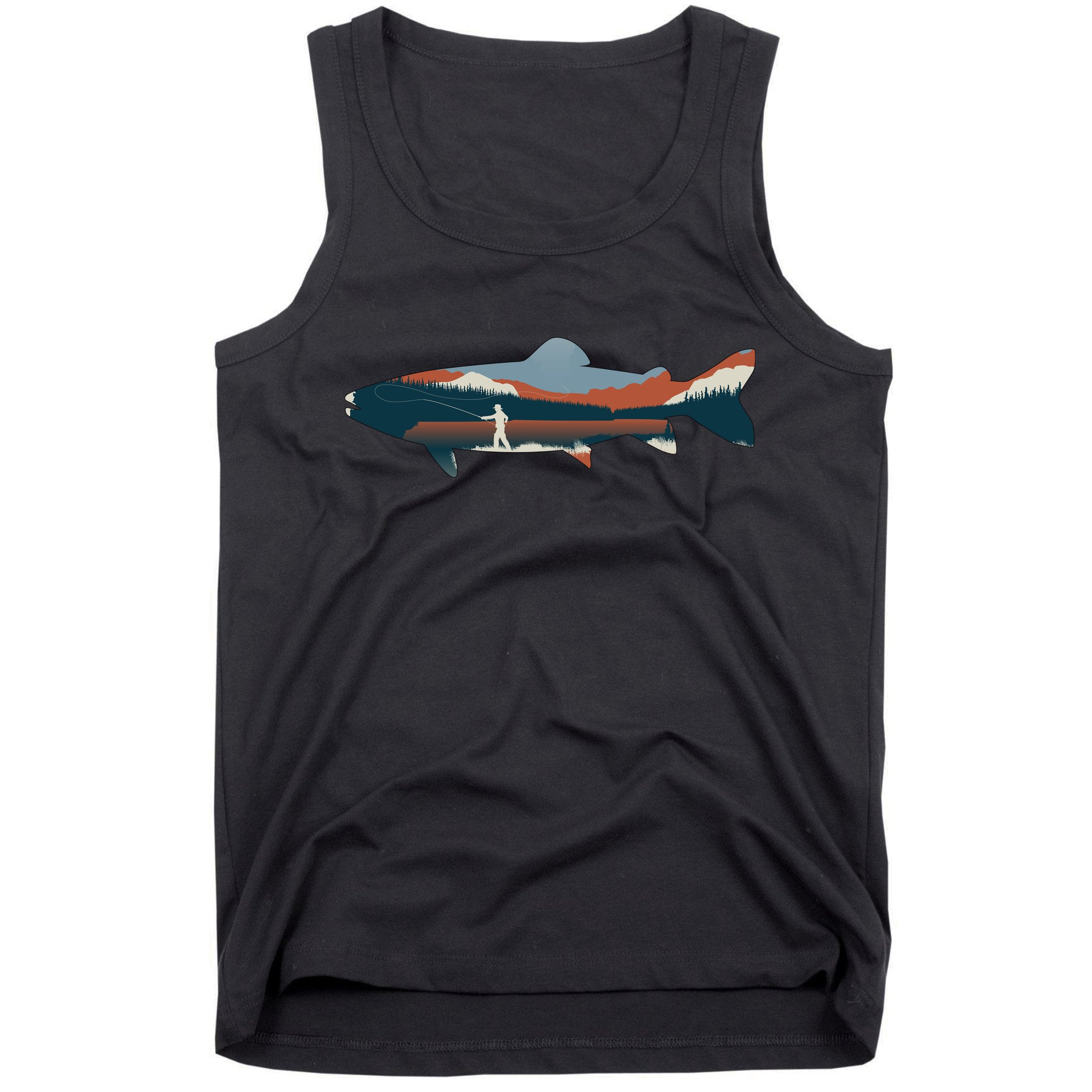 Trout Silhouette Fly Fishing Mountain Sunset Tank Top