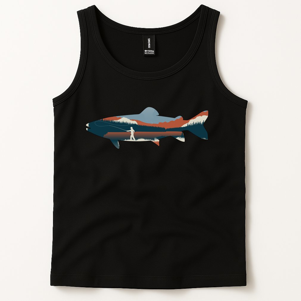Trout Silhouette Fly Fishing Mountain Sunset Tank Top