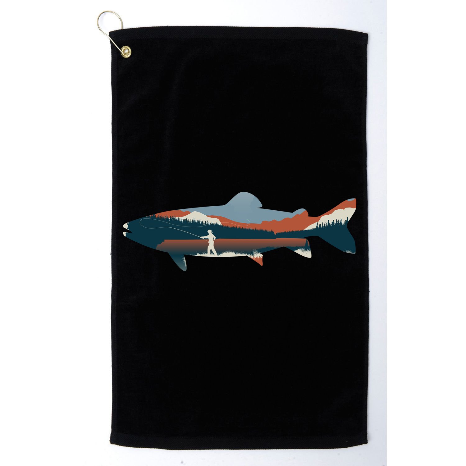 Trout Silhouette Fly Fishing Mountain Sunset Golf Towel