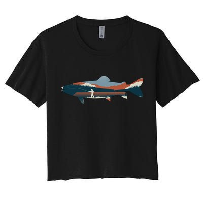 Trout Silhouette Fly Fishing Mountain Sunset Crop Top