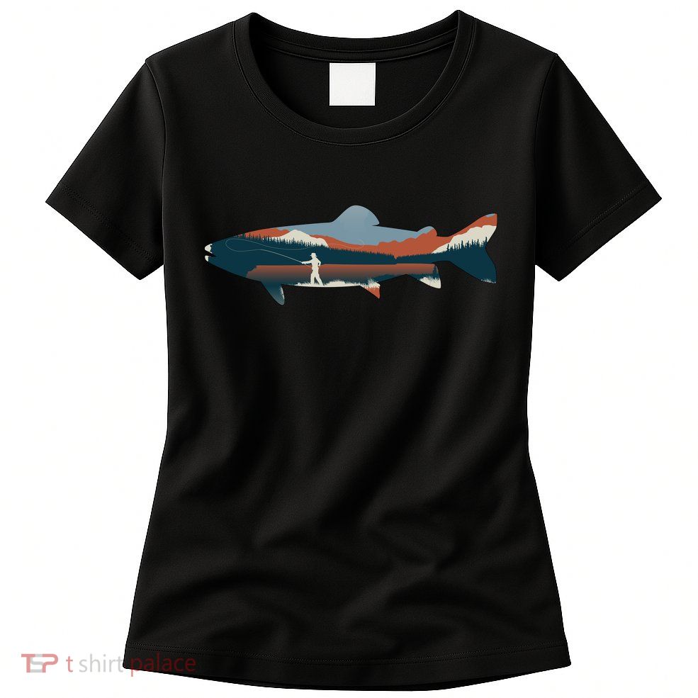 Trout Silhouette Fly Fishing Mountain Sunset Women's T-Shirt