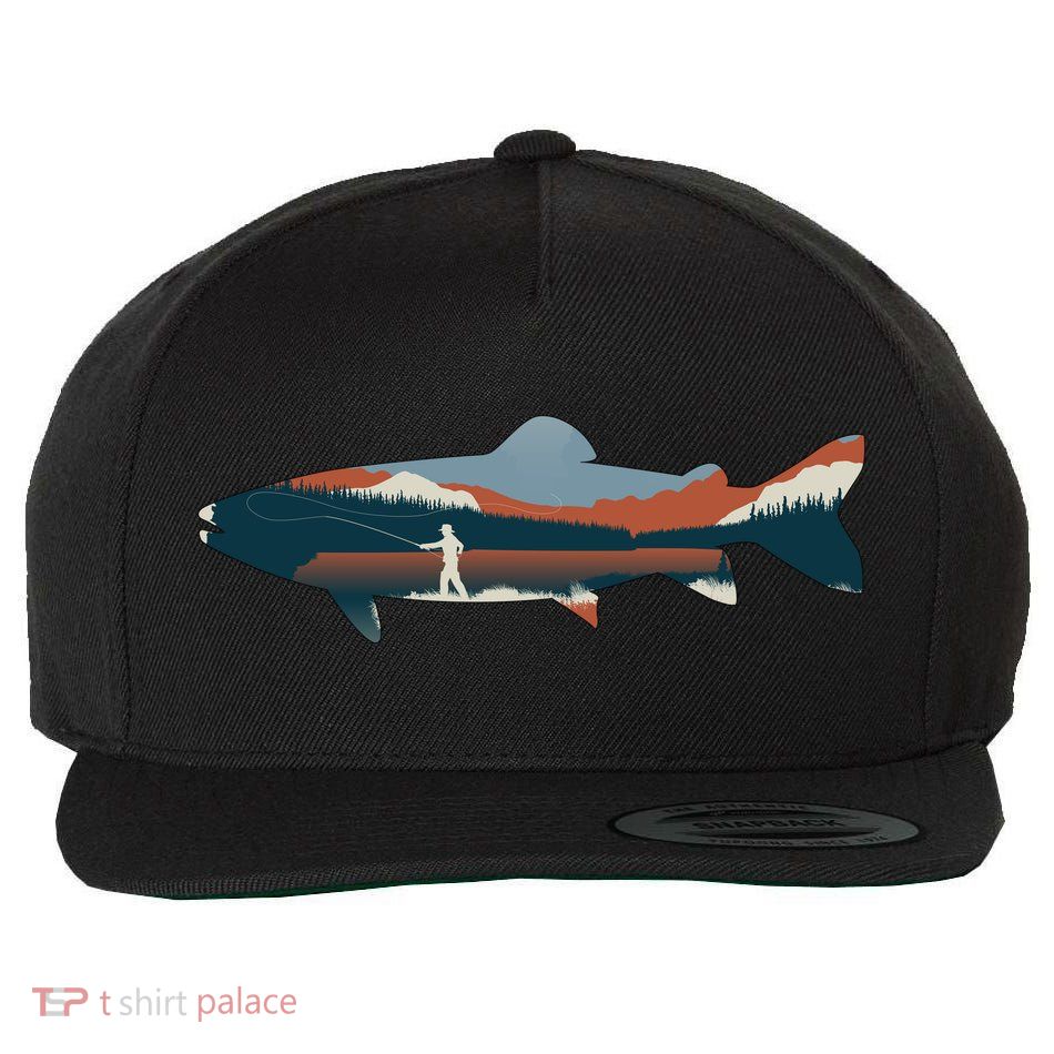 Trout Silhouette Fly Fishing Mountain Sunset Wool Snapback Cap