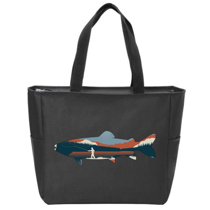 Trout Silhouette Fly Fishing Mountain Sunset Zip Tote Bag